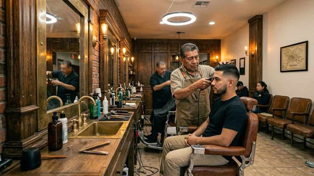 Barbero cortando el cabello a un cliente en Tizayuca